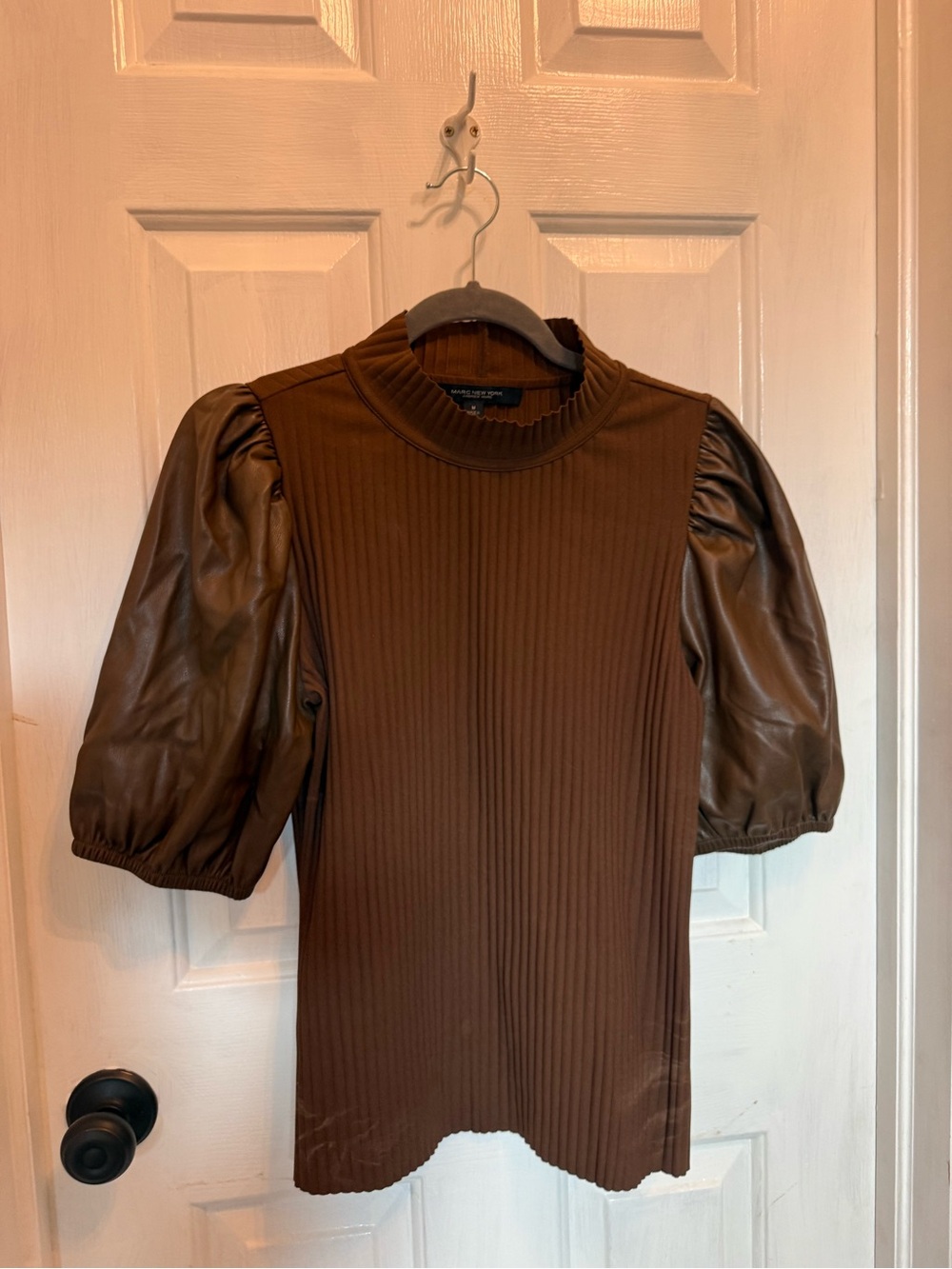 Marc New York Chocolate Brown Ribbed Top with Puff Faux-Leather Sleeves